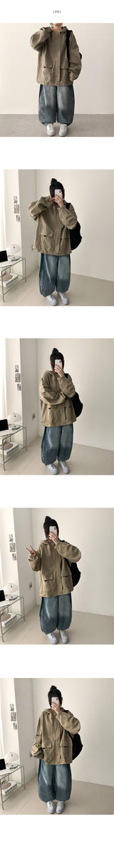 Loen pocket incision line washing balloon wide denim pants