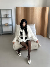 Classic Metal Wave Double Button High Neck Fur Coat (White)