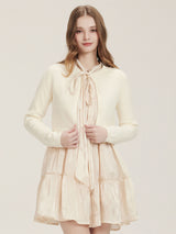 Peach puff ribbon neck shirt button dress