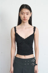 Lace-Trimmed Shirred Smocked Bra Top (Black)