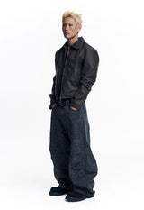 Washed Leather Crop Jacket - Brown