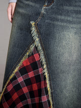 Denim patchwork checked fishtail skirt