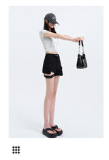 High-Street Cyber-Core Slim-Fit Biker Denim Shorts