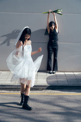 unbalance buckle backless dress_white