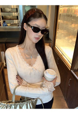 New wear レース Vネック ニット 長袖 Tシャツ