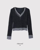 Mix Wool Layered V-neck Button Knit (2color)