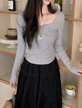 Raymi Heart Neck Shirring Slim Rib T-Shirt (4color)