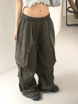Bakin Nylon Cargo Two-Way Banding Long Wide Jogger Pants