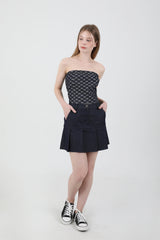 Denim Ribbon Crop Top Dark Blue