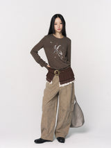 CONFUN Lantern Sleeve Sequin Embroidered Pleated Round Neck Top