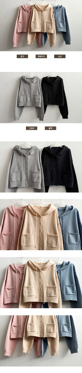Ond Cropped Pocket Hooded Knit Cardigan