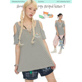 BETWEENANDxOliwa Summer retro green striped knit rope patterned cat T-shirt, short-sleeved shirt that helps conceal body contours