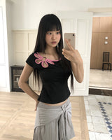 ミッキーフラワースリットボートネックカラーリング半袖Tシャツ