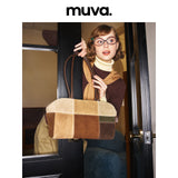 muva. Cowhide‑Velvet Color‑Block Boston Shoulder Bag, Large‑Capacity Premium‑Feel Niche Autumn‑Winter Purse, New Arrival Dec 19