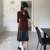 Pamil Vintage V-neck Button Pleated 3/4 Short Sleeve T-Shirt