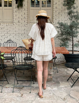 Eyelet Punching Blouse Banding Shorts Set