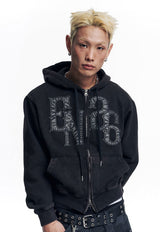 Washed Leather Patch Hooded Zip-Up - Black