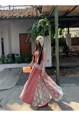 Red cherry checkered lace sleeveless long dress
