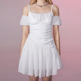 [GirlyFancyClub] White Moonlight Ruched Tie Waist Off-the-Shoulder Puff Sleeve Dress