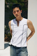 Curved half zip up sleeveless(White)