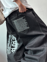 レタリングインディゴローステッチワイドバルーンタトゥープリントデニムロングパンツ 🩵🖤 - 2 カラーズ