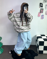 ストライプフリースワンサイドストリングアノラックニットスウェット 💙🩶🧡3COLOR