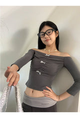 オフショルダーボウシャーリング長袖Tシャツ