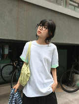 [unisex] Blanc Loose Fit Sleeve Color Matching Button Roll-Up Short Sleeve T-shirt