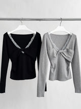 レースディテールVネックツイストロングスリーブTシャツ