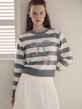 WOOL BLENDED RIBBON STRIPE KNIT WH+GY