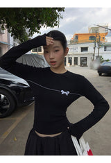 Bow Line Round Long Sleeve Knit T-shirt