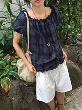 Ame Check Off-Shoulder Frill Short Sleeve Blouse