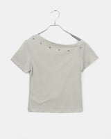 シャシャスタッデッドリベットアンバランシードオフショルダーショートスリーブTシャツ