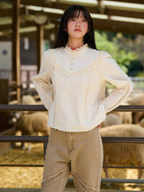 High-Neck Lace-Frill Blouse (Beige)