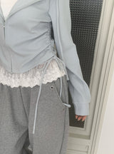 Hoan Lace Sleeveless Shirring Hood Zip-Up