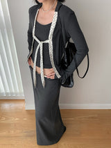 Fake two-piece dot lace-up long-sleeved shirt