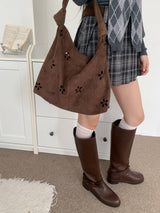 Brown Haze Flower Punching Suede Twist Shoulder Bag (Brown)