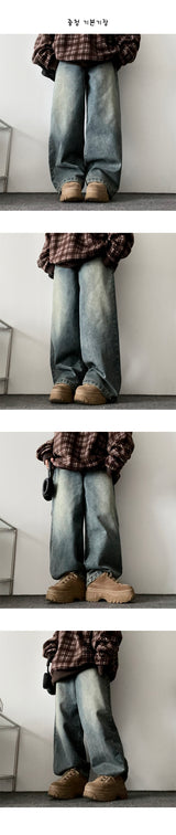 [Fleece lining]linen hem snapwashed wide denim pants-3 Tier Length