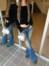 Back see-through lace long-sleeved T-shirt