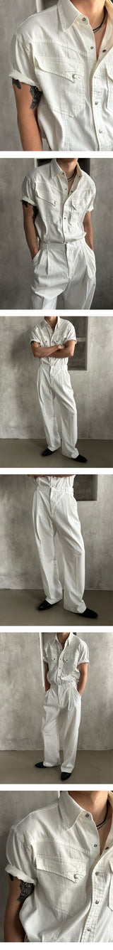 [MUSCLE FIT] クールエバーウェスタンデニムハーフシャツ (White)