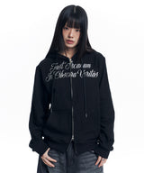 Lettering Embroidered Hoodie Zip-Up - Black