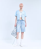 85-VIVAJ055 Textured Round Crop Tweed Half Jacket Sky Blue