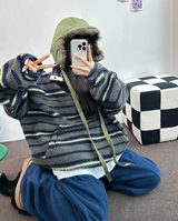 ストライプフリースワンサイドストリングアノラックニットスウェット 💙🩶🧡3COLOR