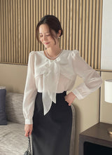 Marron Volume Ribbon Puff Blouse