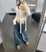 (SCARF & KNIT SET) DREAMY SOFT RIBBED カーディガン スカーフセミクロップドニット - 2 COLOR