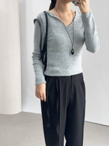 Ciar Collar V-Neck Slit Ribbed Long Sleeve Knit