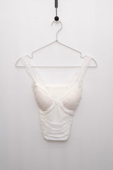 Lace-Trimmed Shirred Smocked Bra Top (White)