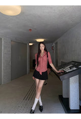 Red checkered scarf French shirt