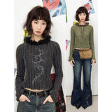 Printed deadwood print fur-collared cardigan