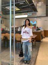 UI ドッグオフショルダーオーバーサイズフィットスリーブTシャツ